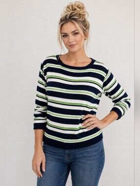 CHRISTIAN SIRIANO 𝅺White Navy Green Striped Knit Sweater Top S NWT
